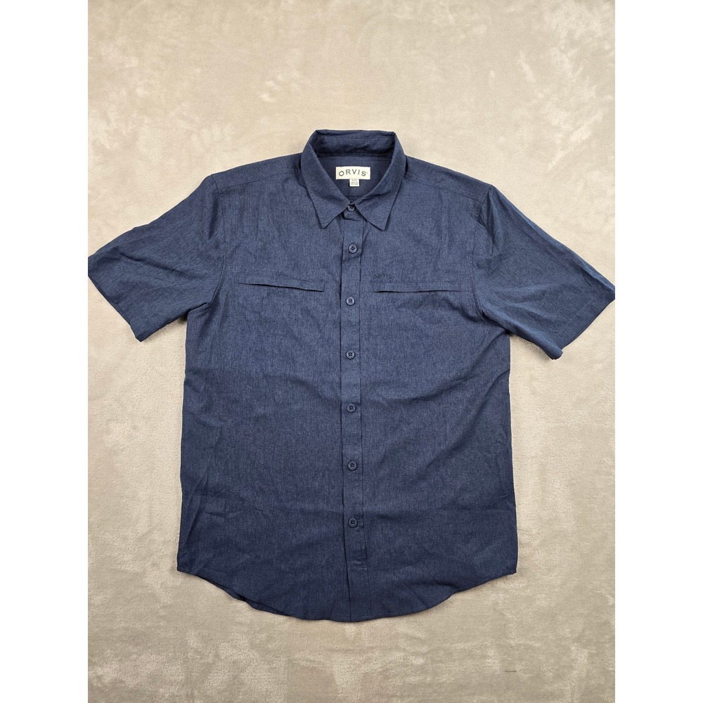 Orvis Woven Button Up Shirt Mens S‎ Blue Short Sleeve Zip Pockets Outdoor Hiking